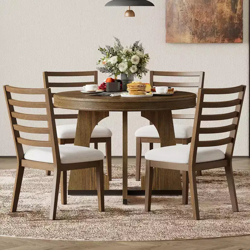 Ensemble de salle à manger fonctionnel Whisen 5 pièces, style rustique rétro, avec 1 table extensible et 4 chaises rembourrées