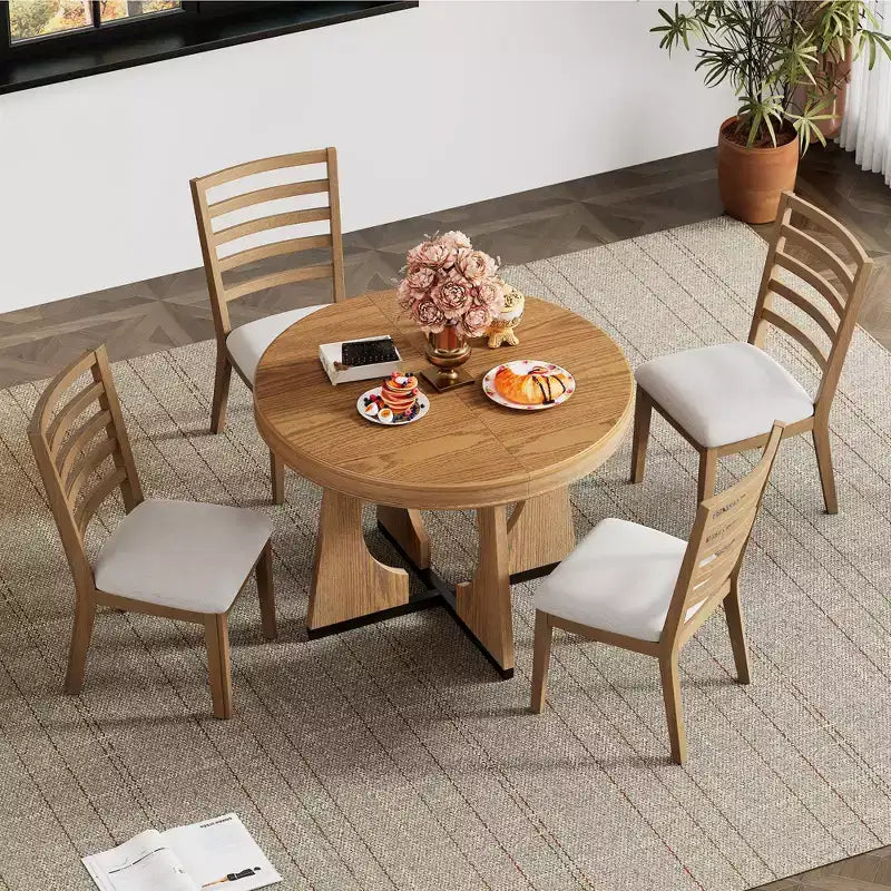 Ensemble de salle à manger fonctionnel Whisen 5 pièces, style rustique rétro, avec 1 table extensible et 4 chaises rembourrées