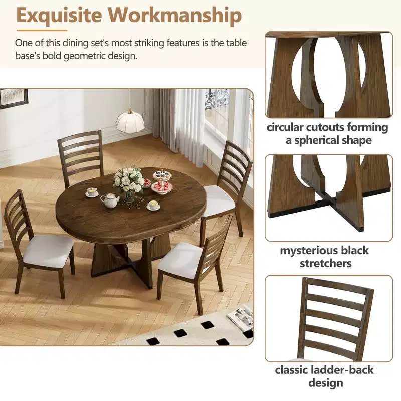 Ensemble de salle à manger fonctionnel Whisen 5 pièces, style rustique rétro, avec 1 table extensible et 4 chaises rembourrées