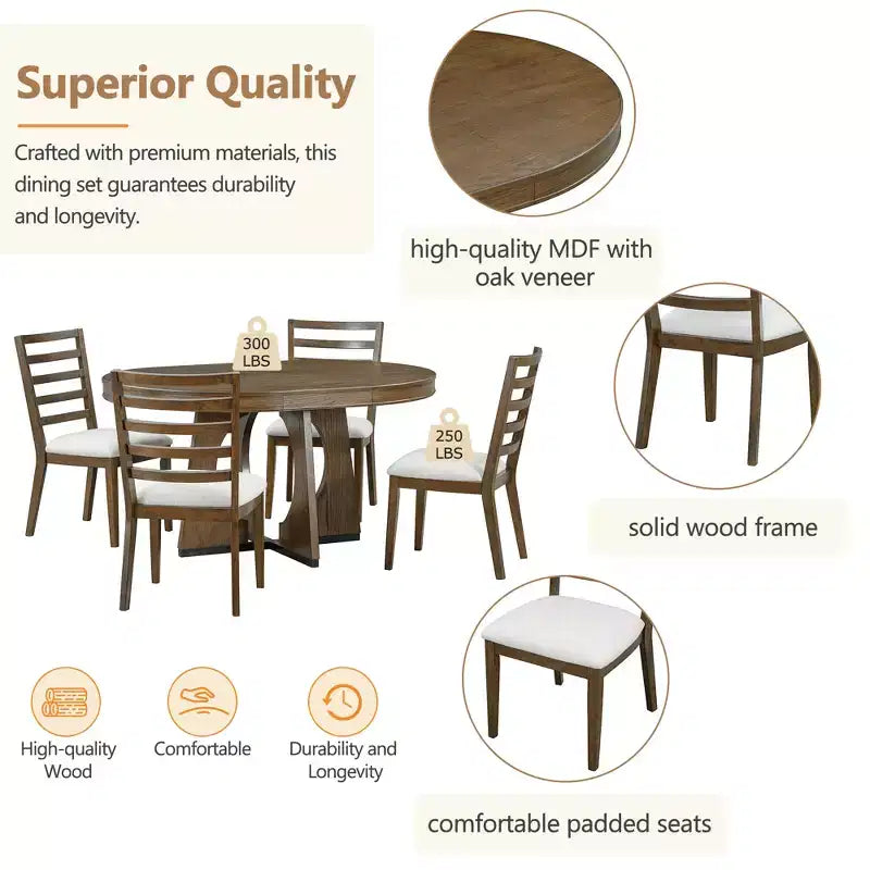 Ensemble de salle à manger fonctionnel Whisen 5 pièces, style rustique rétro, avec 1 table extensible et 4 chaises rembourrées