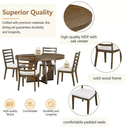Ensemble de salle à manger fonctionnel Whisen 5 pièces, style rustique rétro, avec 1 table extensible et 4 chaises rembourrées
