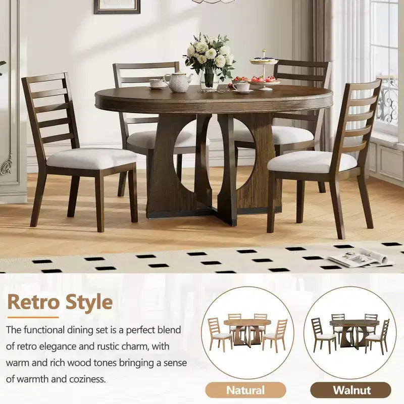 Ensemble de salle à manger fonctionnel Whisen 5 pièces, style rustique rétro, avec 1 table extensible et 4 chaises rembourrées