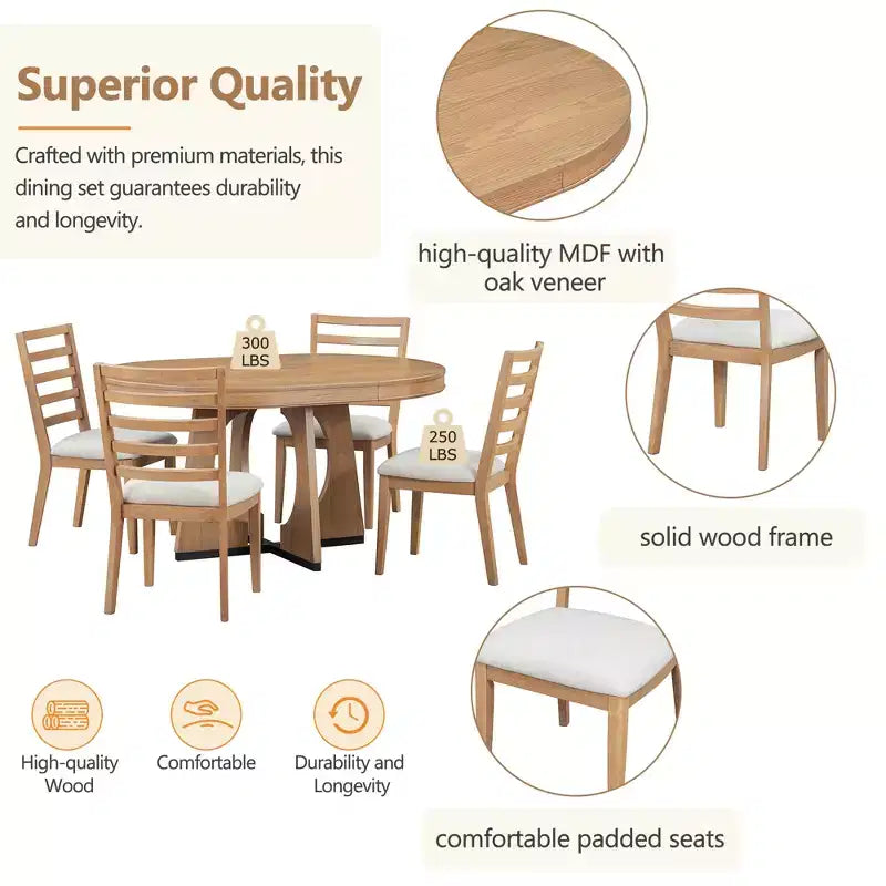 Ensemble de salle à manger fonctionnel Whisen 5 pièces, style rustique rétro, avec 1 table extensible et 4 chaises rembourrées