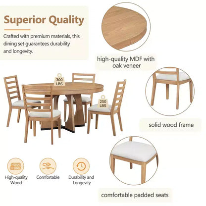 Ensemble de salle à manger fonctionnel Whisen 5 pièces, style rustique rétro, avec 1 table extensible et 4 chaises rembourrées