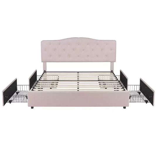 VECELO Queen/Full Size Bed Frame with Storage Drawers & Charging Ports, Upholstered Platform Bed Frame with Adjustable Headboard, Beige