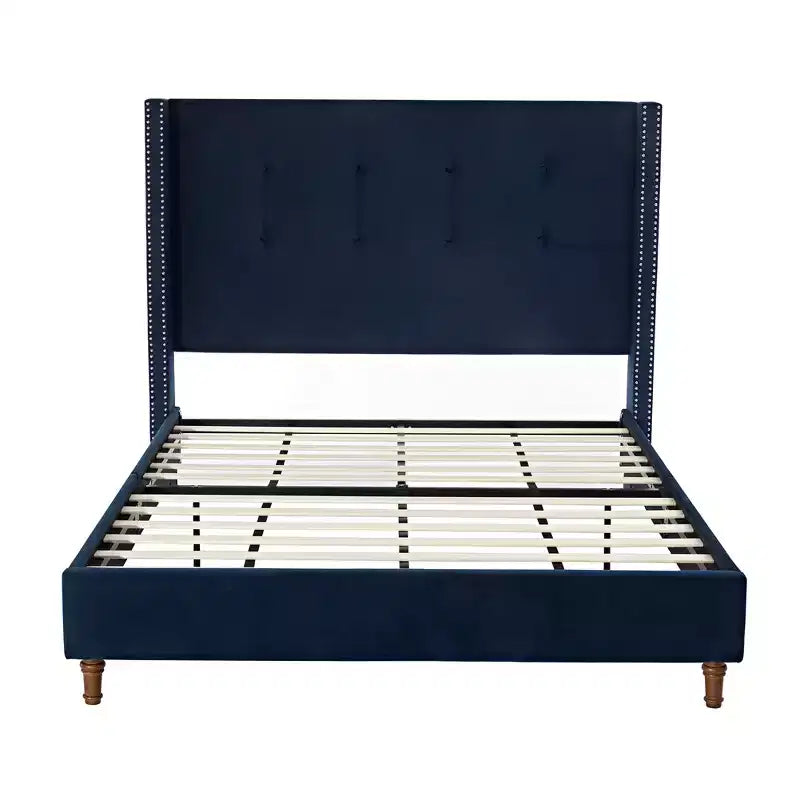 Lit Queen rembourré, cadre de lit plateforme / Tête de lit de 137 cm de haut / Capitonnage traditionnel fait à la main / Ailes à clous de tapissier / Pas besoin de sommier