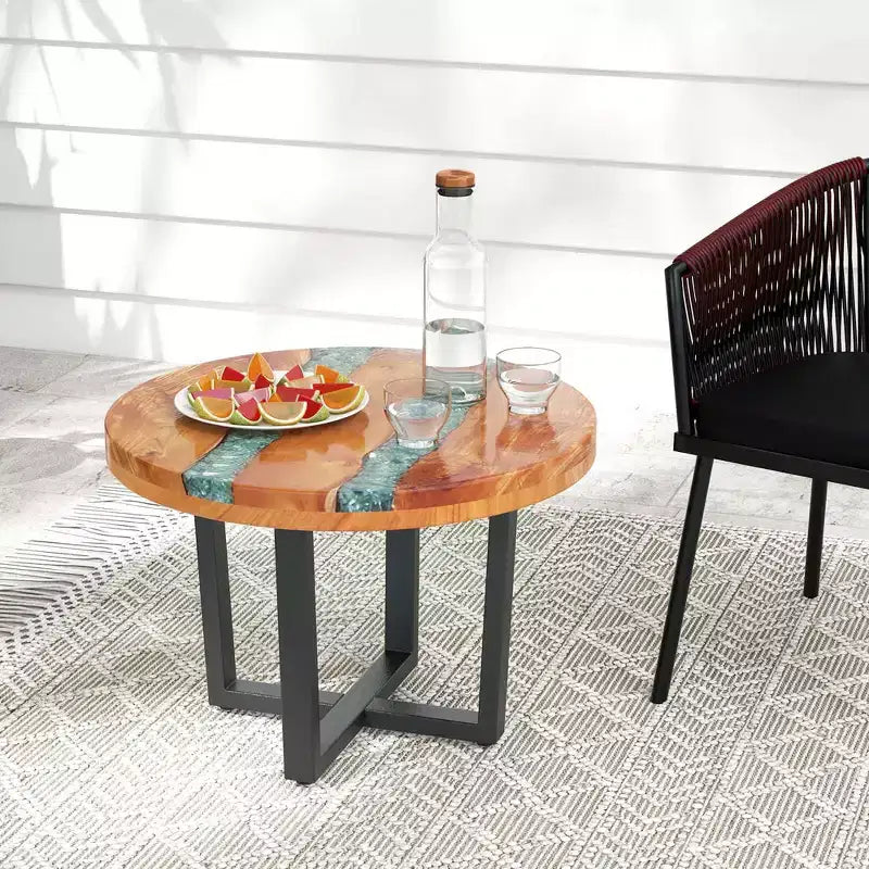 Table d'appoint ronde Costway de 24 po en bois de teck avec plateau en résine époxy, base en acajou pour patio