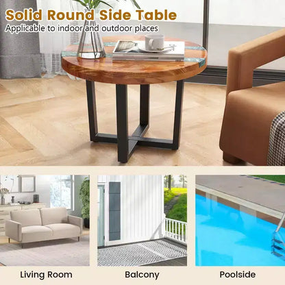 Table d'appoint ronde Costway de 24 po en bois de teck avec plateau en résine époxy, base en acajou pour patio