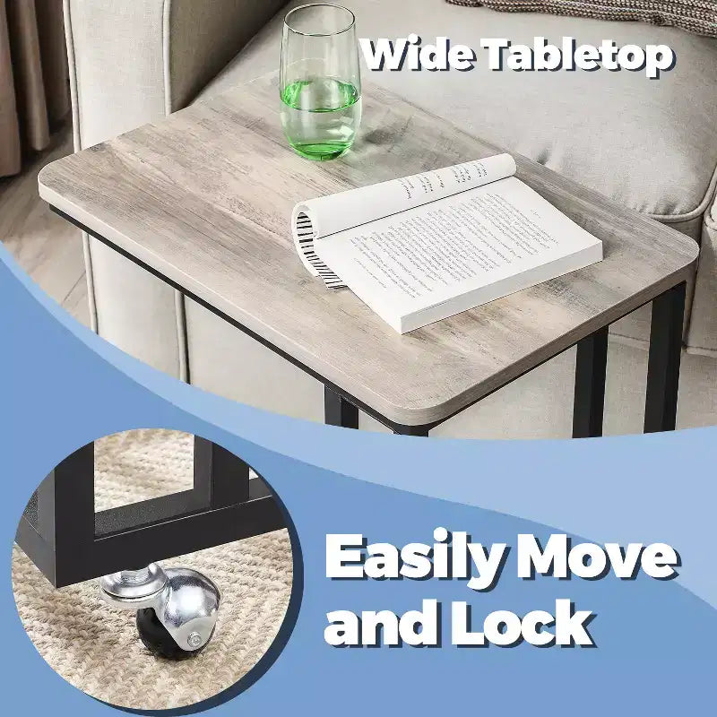 Table d'appoint en C, table d'appoint pour plateau TV, plateau TV en forme de C avec cadre en métal, roulettes, tables TV pour salon, pour manger, plateau de lit