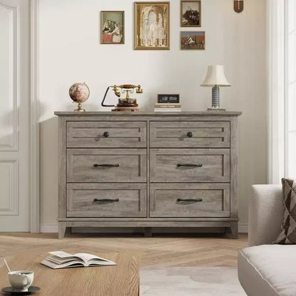 Commode 6 tiroirs pour chambre, commode de 119 cm de large, commode large avec rangement sur pied, commode de rangement en bois pour chambre, Noyer