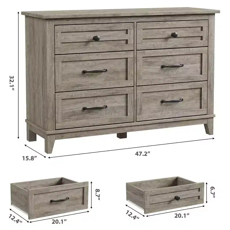 Commode 6 tiroirs pour chambre, commode de 119 cm de large, commode large avec rangement sur pied, commode de rangement en bois pour chambre, Noyer