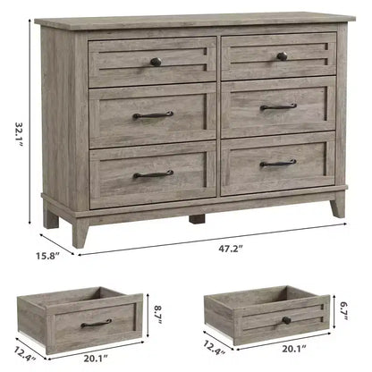 Commode 6 tiroirs pour chambre, commode de 119 cm de large, commode large avec rangement sur pied, commode de rangement en bois pour chambre, Noyer