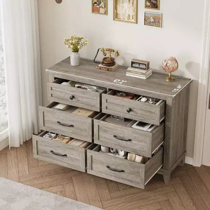 Commode 6 tiroirs pour chambre, commode de 119 cm de large, commode large avec rangement sur pied, commode de rangement en bois pour chambre, Noyer