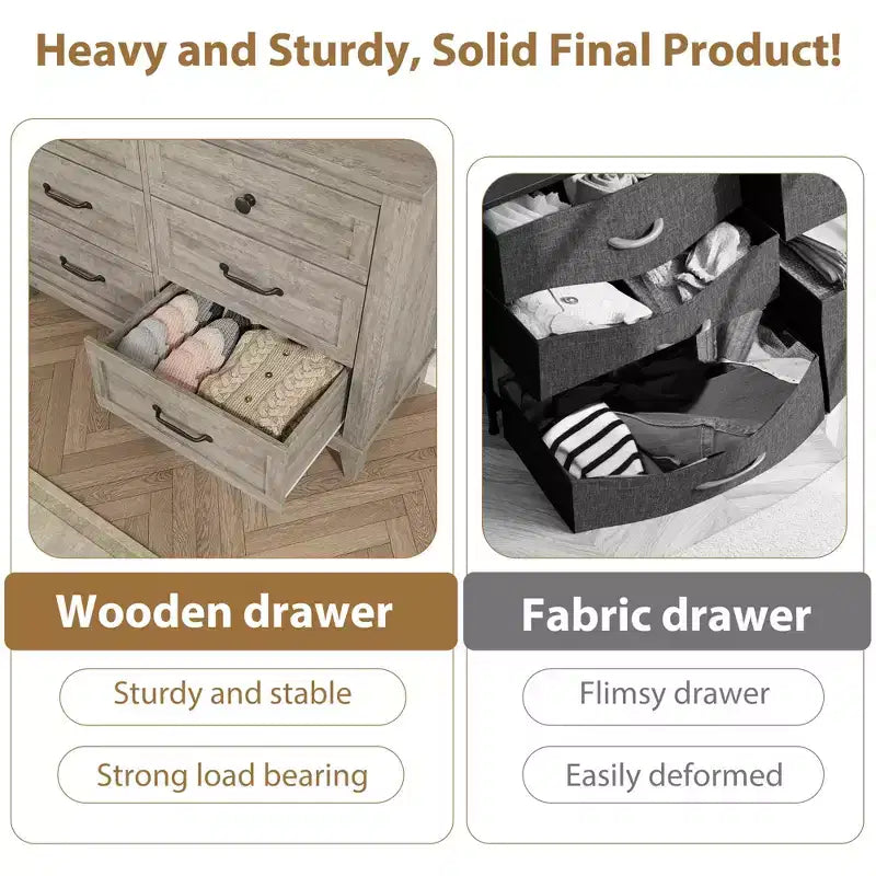Commode 6 tiroirs pour chambre, commode de 119 cm de large, commode large avec rangement sur pied, commode de rangement en bois pour chambre, Noyer