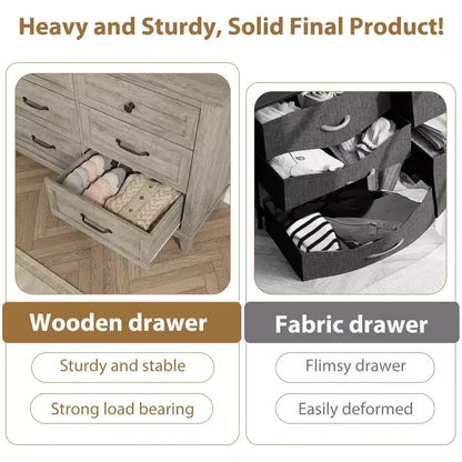 Commode 6 tiroirs pour chambre, commode de 119 cm de large, commode large avec rangement sur pied, commode de rangement en bois pour chambre, Noyer