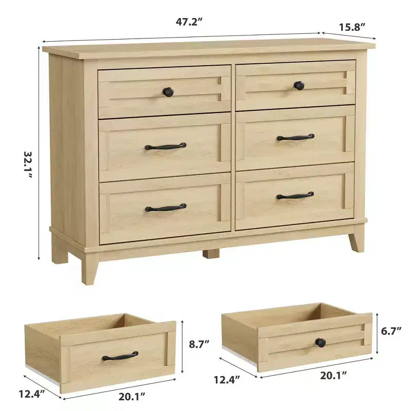 Commode 6 tiroirs pour chambre, commode de 119 cm de large, commode large avec rangement sur pied, commode de rangement en bois pour chambre, Noyer