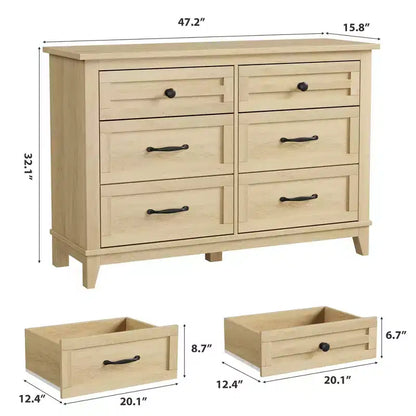 Commode 6 tiroirs pour chambre, commode de 119 cm de large, commode large avec rangement sur pied, commode de rangement en bois pour chambre, Noyer