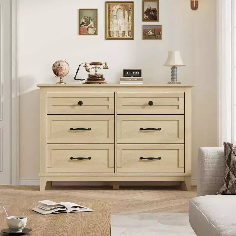 Commode 6 tiroirs pour chambre, commode de 119 cm de large, commode large avec rangement sur pied, commode de rangement en bois pour chambre, Noyer