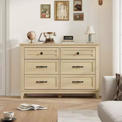 Commode 6 tiroirs pour chambre, commode de 119 cm de large, commode large avec rangement sur pied, commode de rangement en bois pour chambre, Noyer