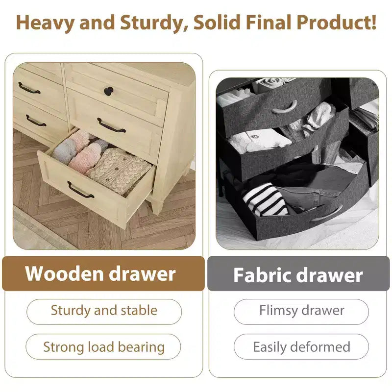 Commode 6 tiroirs pour chambre, commode de 119 cm de large, commode large avec rangement sur pied, commode de rangement en bois pour chambre, Noyer