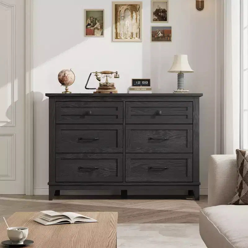 Commode 6 tiroirs pour chambre, commode de 119 cm de large, commode large avec rangement sur pied, commode de rangement en bois pour chambre, Noyer