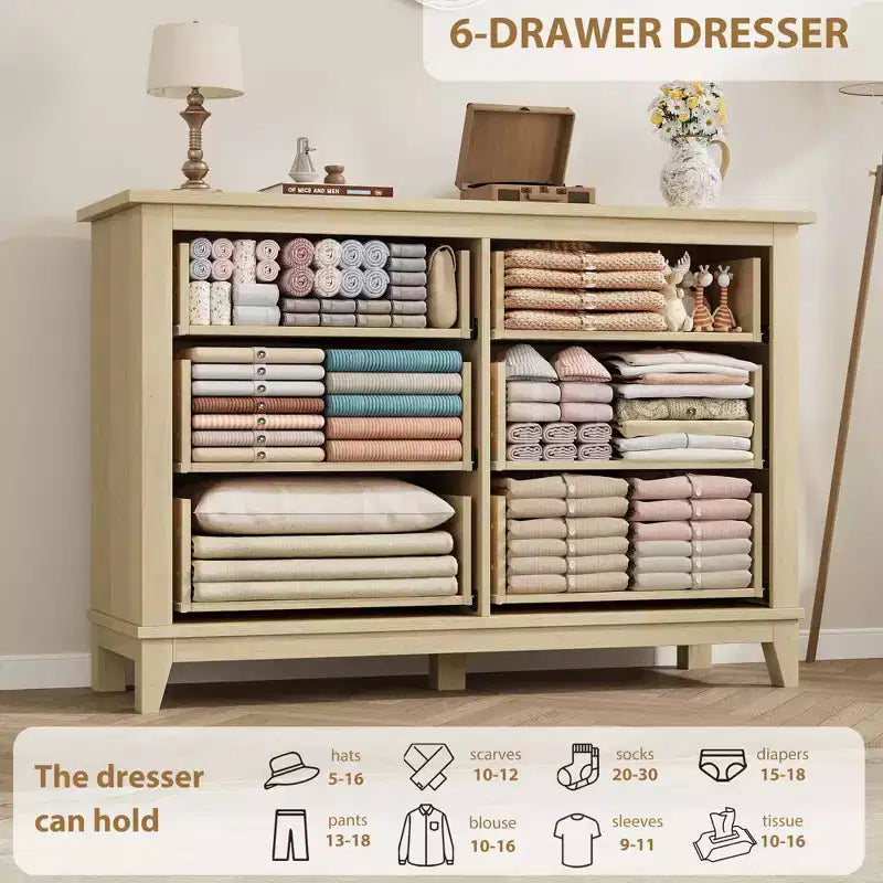 Commode 6 tiroirs pour chambre, commode de 119 cm de large, commode large avec rangement sur pied, commode de rangement en bois pour chambre, Noyer