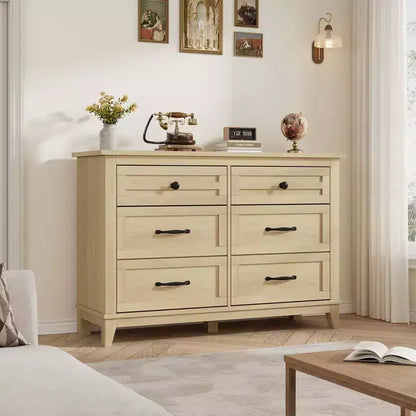 Commode 6 tiroirs pour chambre, commode de 119 cm de large, commode large avec rangement sur pied, commode de rangement en bois pour chambre, Noyer