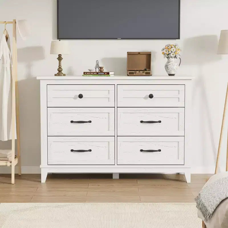 Commode 6 tiroirs pour chambre, commode de 119 cm de large, commode large avec rangement sur pied, commode de rangement en bois pour chambre, Noyer