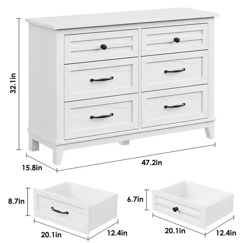 Commode 6 tiroirs pour chambre, commode de 119 cm de large, commode large avec rangement sur pied, commode de rangement en bois pour chambre, Noyer