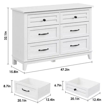 Commode 6 tiroirs pour chambre, commode de 119 cm de large, commode large avec rangement sur pied, commode de rangement en bois pour chambre, Noyer