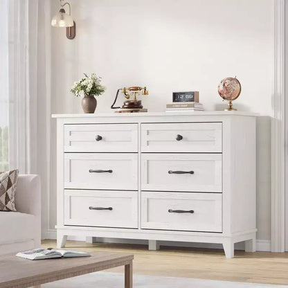 Commode 6 tiroirs pour chambre, commode de 119 cm de large, commode large avec rangement sur pied, commode de rangement en bois pour chambre, Noyer