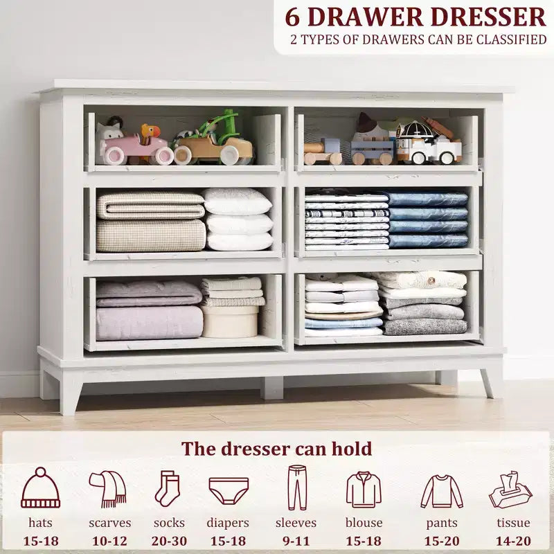 Commode 6 tiroirs pour chambre, commode de 119 cm de large, commode large avec rangement sur pied, commode de rangement en bois pour chambre, Noyer