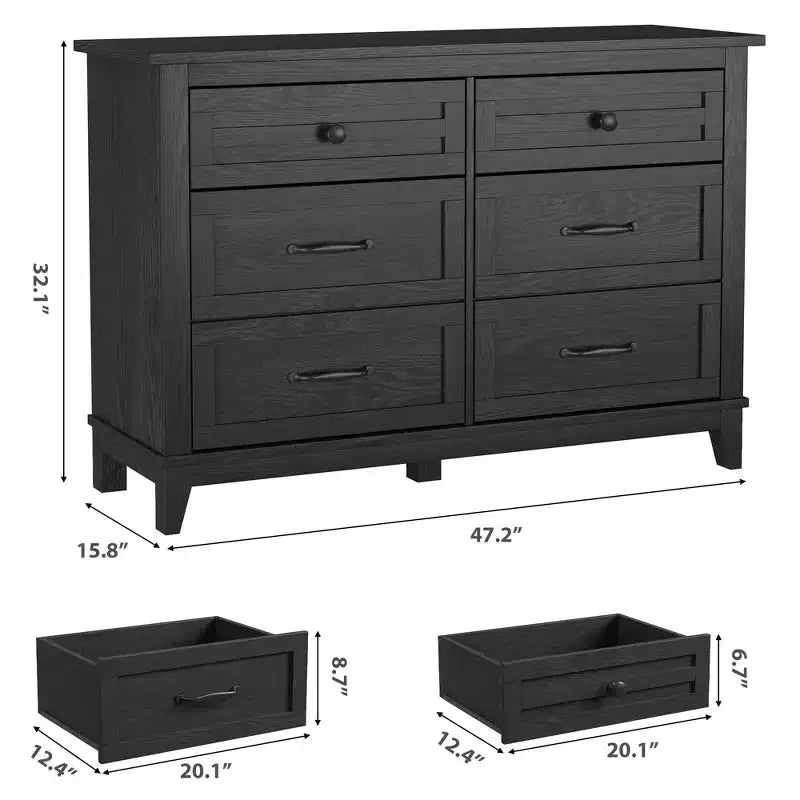 Commode 6 tiroirs pour chambre, commode de 119 cm de large, commode large avec rangement sur pied, commode de rangement en bois pour chambre, Noyer