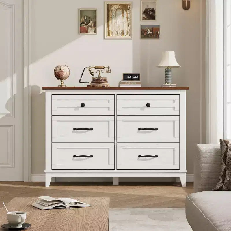 Commode 6 tiroirs pour chambre, commode de 119 cm de large, commode large avec rangement sur pied, commode de rangement en bois pour chambre, Noyer