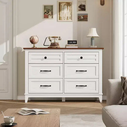 Commode 6 tiroirs pour chambre, commode de 119 cm de large, commode large avec rangement sur pied, commode de rangement en bois pour chambre, Noyer