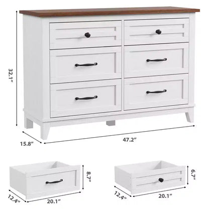 Commode 6 tiroirs pour chambre, commode de 119 cm de large, commode large avec rangement sur pied, commode de rangement en bois pour chambre, Noyer
