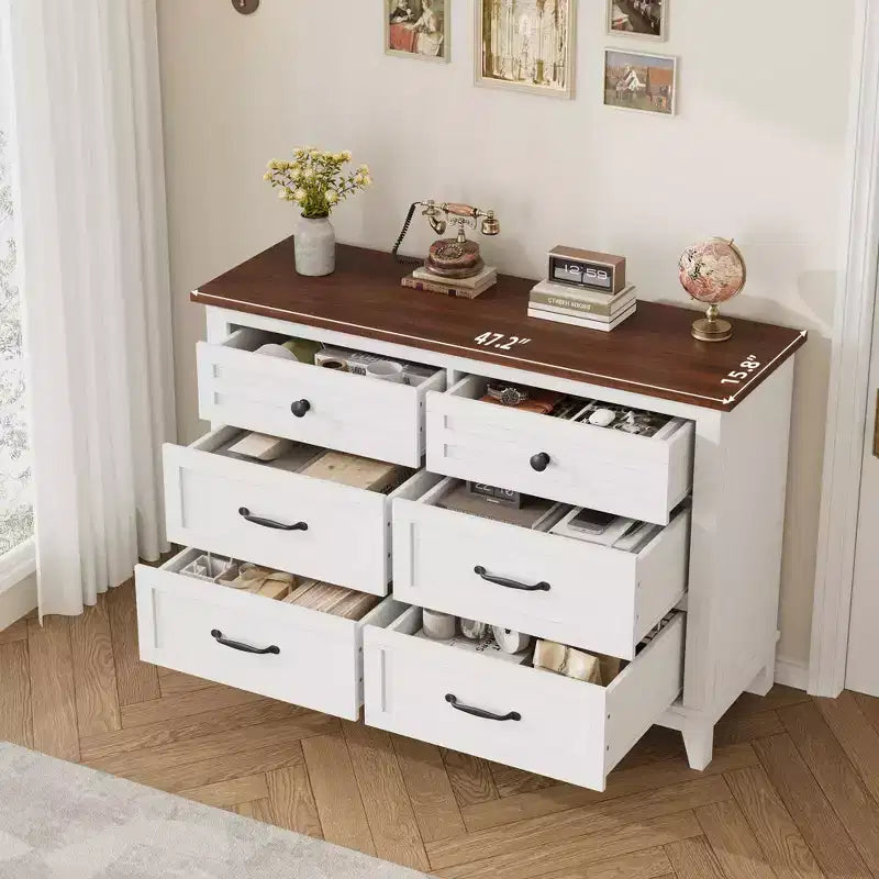 Commode 6 tiroirs pour chambre, commode de 119 cm de large, commode large avec rangement sur pied, commode de rangement en bois pour chambre, Noyer