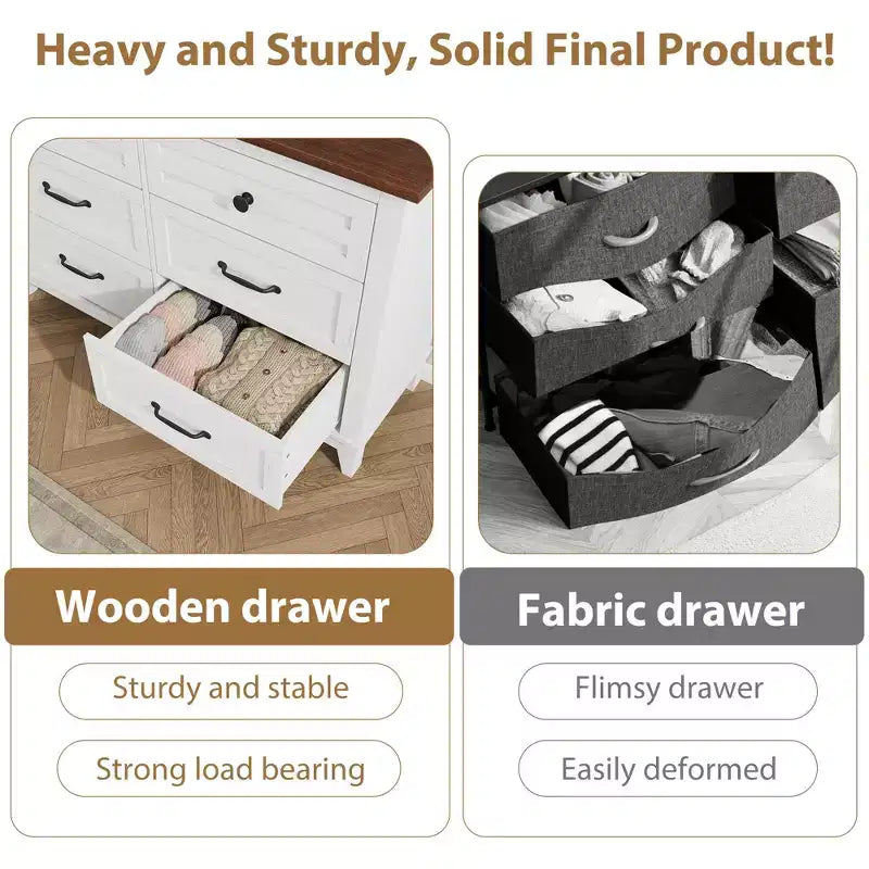 Commode 6 tiroirs pour chambre, commode de 119 cm de large, commode large avec rangement sur pied, commode de rangement en bois pour chambre, Noyer