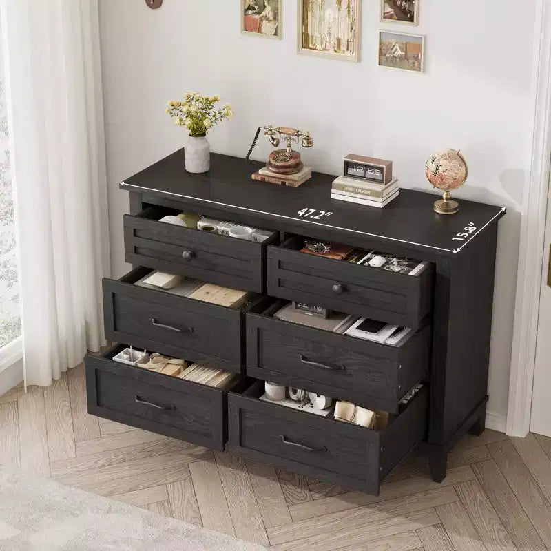 Commode 6 tiroirs pour chambre, commode de 119 cm de large, commode large avec rangement sur pied, commode de rangement en bois pour chambre, Noyer