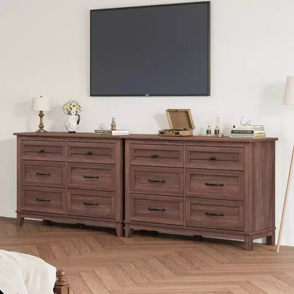 Commode 6 tiroirs pour chambre, commode de 119 cm de large, commode large avec rangement sur pied, commode de rangement en bois pour chambre, Noyer