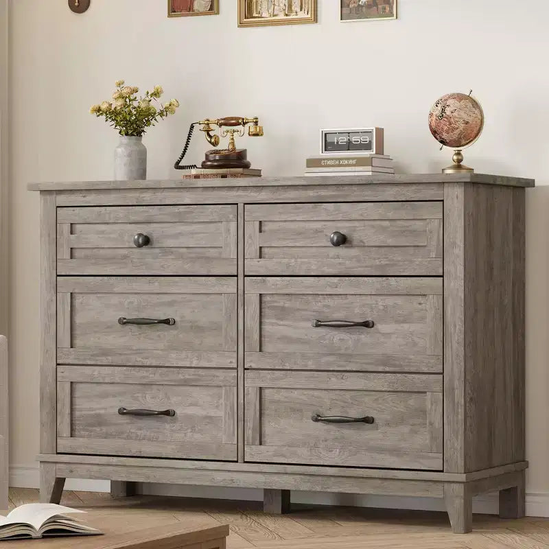 Commode 6 tiroirs pour chambre, commode de 119 cm de large, commode large avec rangement sur pied, commode de rangement en bois pour chambre, Noyer