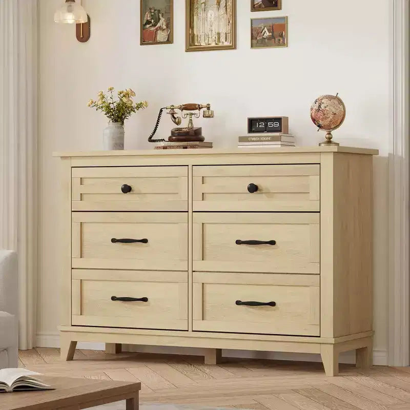 Commode 6 tiroirs pour chambre, commode de 119 cm de large, commode large avec rangement sur pied, commode de rangement en bois pour chambre, Noyer