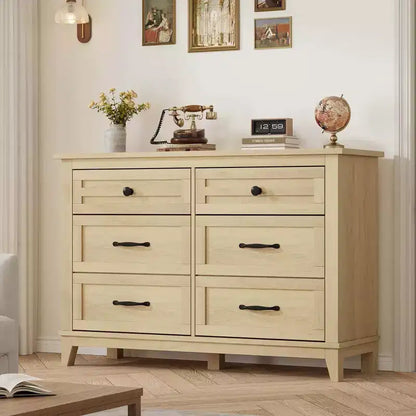 Commode 6 tiroirs pour chambre, commode de 119 cm de large, commode large avec rangement sur pied, commode de rangement en bois pour chambre, Noyer