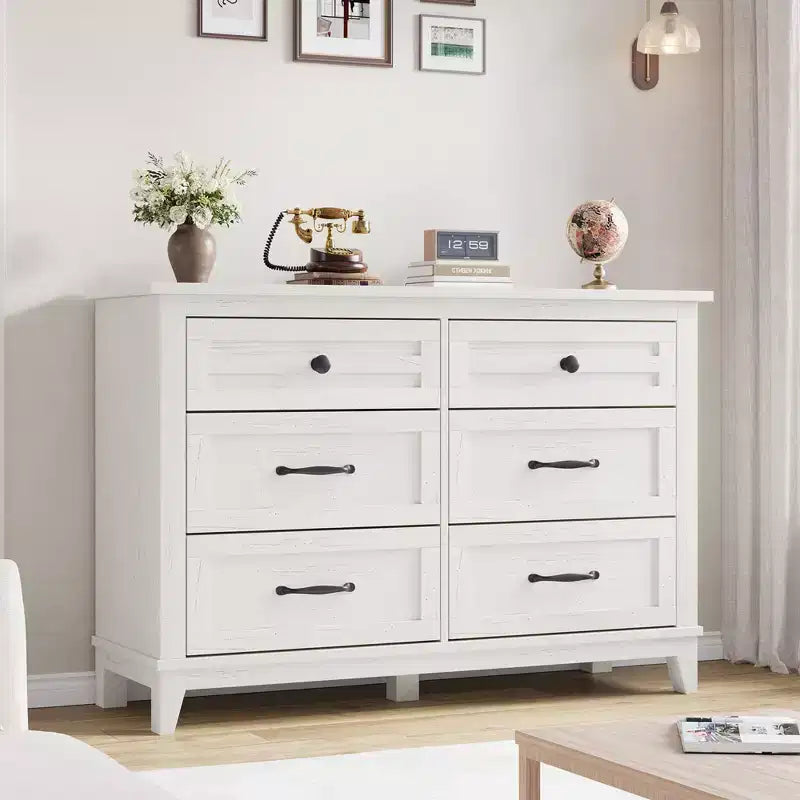 Commode 6 tiroirs pour chambre, commode de 119 cm de large, commode large avec rangement sur pied, commode de rangement en bois pour chambre, Noyer