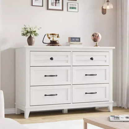 Commode 6 tiroirs pour chambre, commode de 119 cm de large, commode large avec rangement sur pied, commode de rangement en bois pour chambre, Noyer