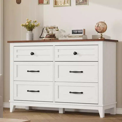Commode 6 tiroirs pour chambre, commode de 119 cm de large, commode large avec rangement sur pied, commode de rangement en bois pour chambre, Noyer