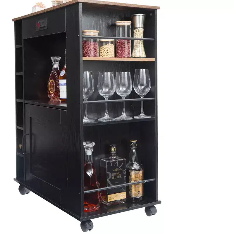 Meuble de rangement roulant d'îlot de cuisine VECELO avec station de recharge et étagères ouvertes, blanc/marron