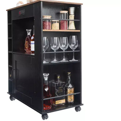 Meuble de rangement roulant d'îlot de cuisine VECELO avec station de recharge et étagères ouvertes, blanc/marron