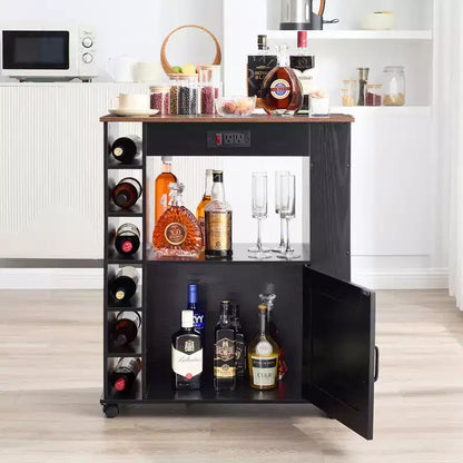 Meuble de rangement roulant d'îlot de cuisine VECELO avec station de recharge et étagères ouvertes, blanc/marron