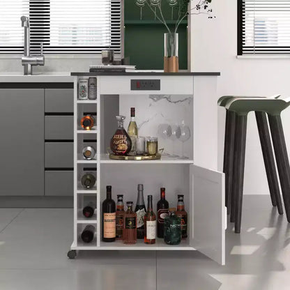 Meuble de rangement roulant d'îlot de cuisine VECELO avec station de recharge et étagères ouvertes, blanc/marron